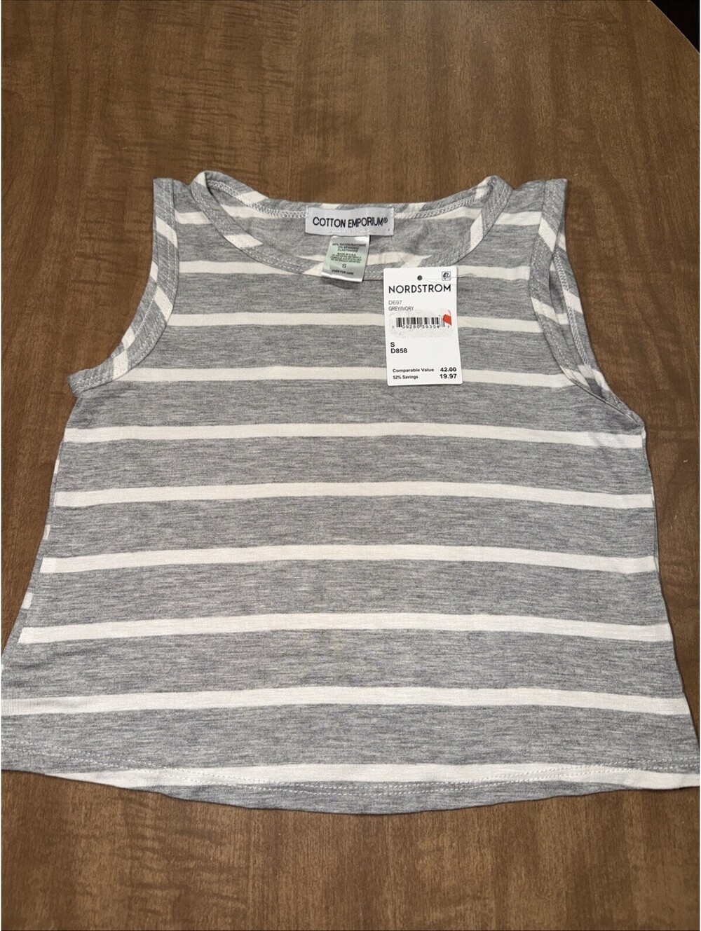 NEW Cotton Emporium Tank Top Womens S Gray Striped Ivory Stretch Sleeveless